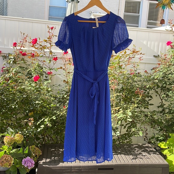 NY Collection - Blue Short Sleeve Belted Swiss Dot Dress - Medium - Picture 2 of 14